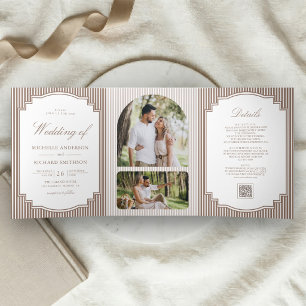 Invitation Trois Volets Mariage Code QR Photo Brun Rayé Classique