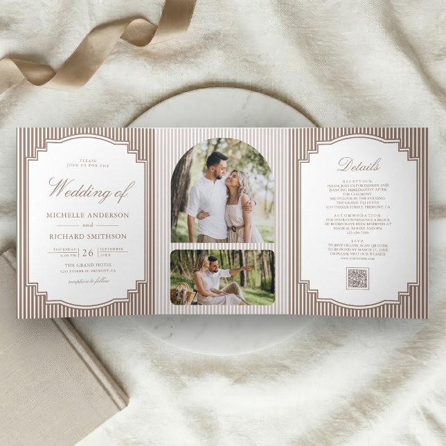 Invitation Trois Volets Mariage Code QR Photo Brun Rayé Classique (Créateur téléchargé)