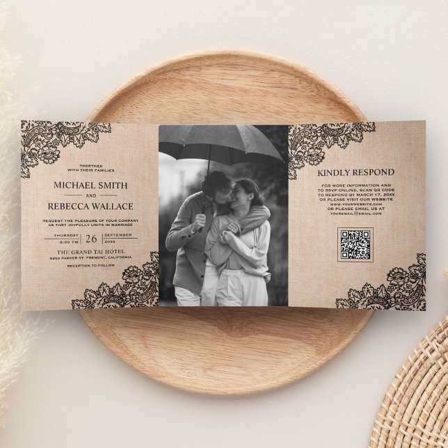 Invitation Trois Volets Mariage Code QR Photo Burlap Dentelle Noir (Créateur téléchargé)