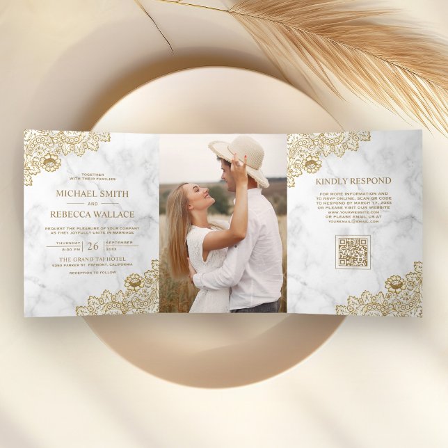 Invitation Trois Volets Mariage code QR photo dentelle et marbre blanc et  (Créateur téléchargé)