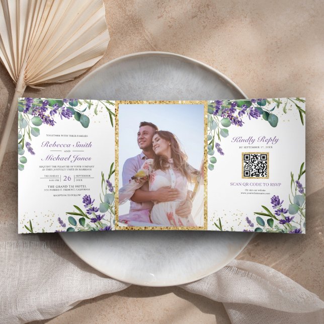 Invitation Trois Volets Mariage Code QR Photo Eucalyptus Lavande Rustique (Créateur téléchargé)