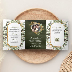 Invitation Trois Volets Mariage Code QR Photo Feuilles d'Or Vert Olive