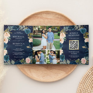 Invitation Trois Volets Mariage Code QR Photo Floral Bleu Nuit et Pêche