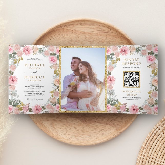 Invitation Trois Volets Mariage Code QR Photo Floral Rose et Or Rustique (Créateur téléchargé)