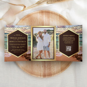 Invitation Trois Volets Mariage Code QR Photo Lumières de Chaîne de Couche