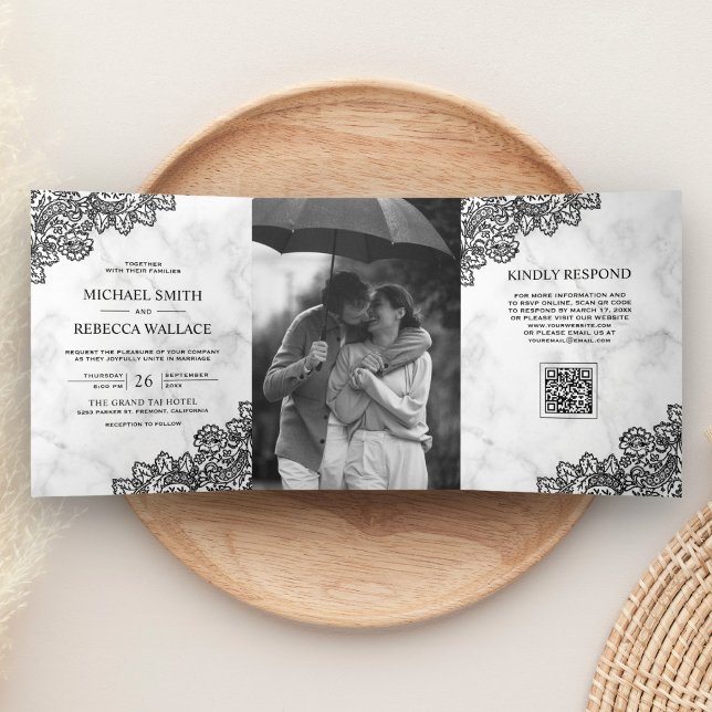 Invitation Trois Volets Mariage Code QR Photo Marbre Blanc et Dentelle Noi (Créateur téléchargé)