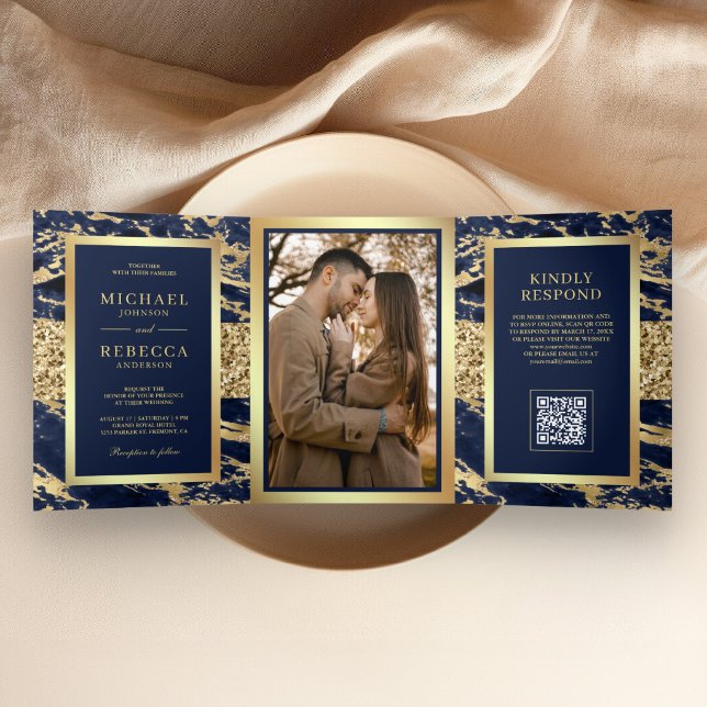 Invitation Trois Volets Mariage Code QR Photo Marbre Bleu Marine Or (Créateur téléchargé)