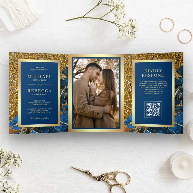 Invitation Trois Volets Mariage Code QR Photo Marbre Bleu Royal Or (Créateur téléchargé)