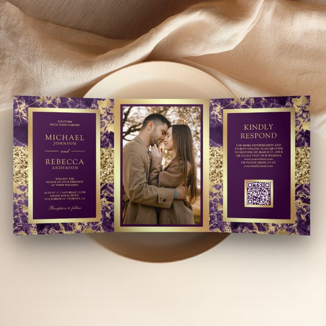 Invitation Trois Volets Mariage Code QR Photo Marbre Or Violet Royal (Créateur téléchargé)
