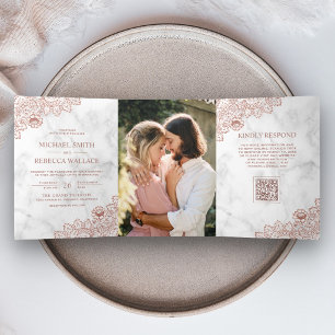 Invitation Trois Volets Mariage Code QR Photo Or Rose Marbre Blanc Broderi