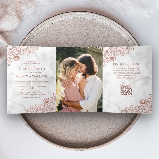 Invitation Trois Volets Mariage Code QR Photo Or Rose Marbre Blanc Broderi (Créateur téléchargé)