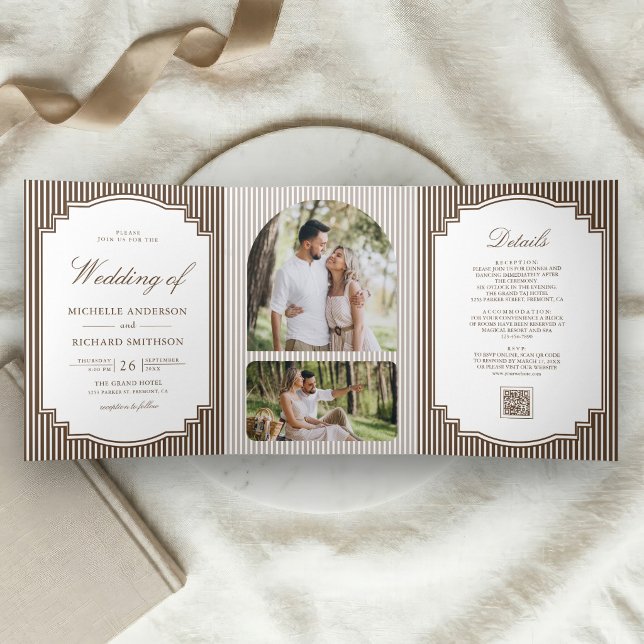 Invitation Trois Volets Mariage Code QR Photo Rayé Brun Chocolat (Créateur téléchargé)