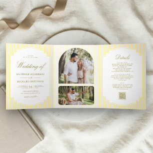 Invitation Trois Volets Mariage Code QR Photo Rayé Jaune Classique