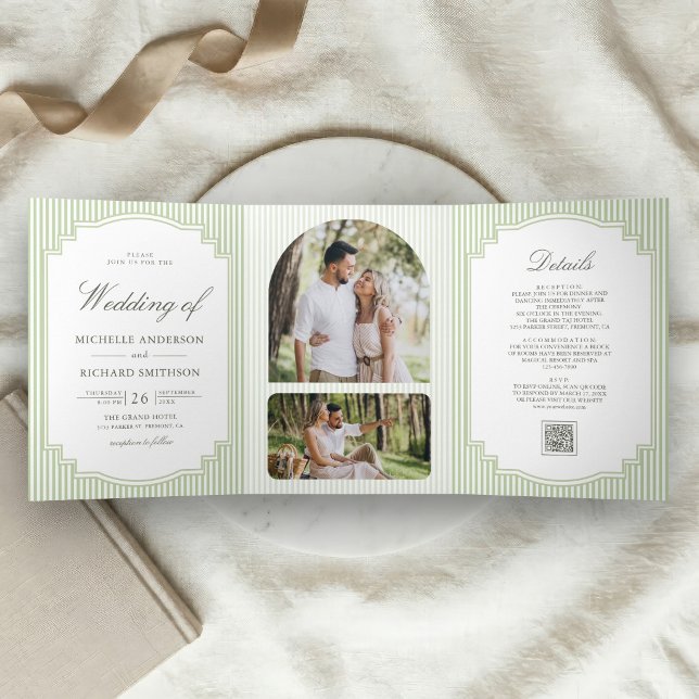 Invitation Trois Volets Mariage Code QR Photo Rayé Vert Sauge Classique (Créateur téléchargé)