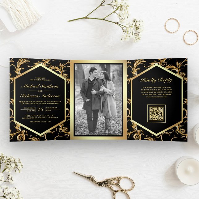 Invitation Trois Volets Mariage Code QR Photo Tourbillon Flourissant Farin (Créateur téléchargé)