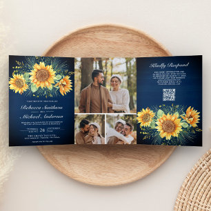 Invitation Trois Volets Mariage Code QR Photo Tournesols Bois Bleu Marine