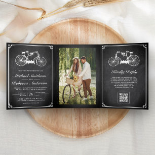 Invitation Trois Volets Mariage Code QR Photo Vélo Tandem Tableau Noir