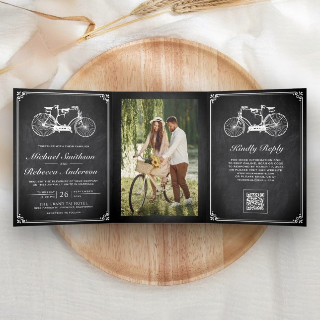 Invitation Trois Volets Mariage Code QR Photo Vélo Tandem Tableau Noir (Créateur téléchargé)