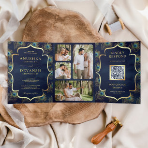 Invitation Trois Volets Mariage Code QR Plumes de Paon Bleu Marine