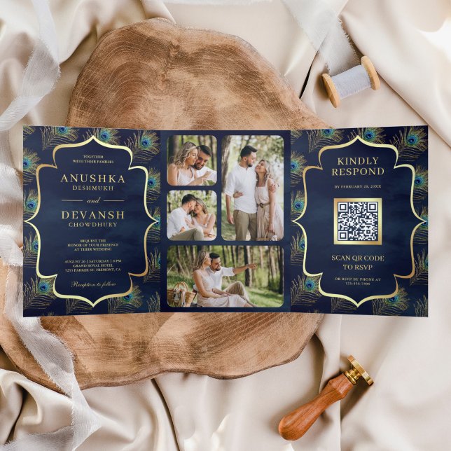 Invitation Trois Volets Mariage Code QR Plumes de Paon Bleu Marine (Créateur téléchargé)