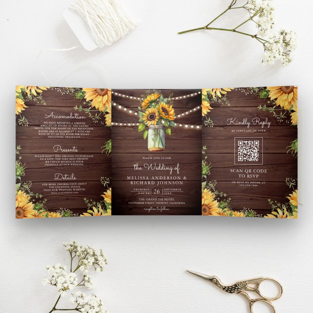 Invitation Trois Volets Mariage Code QR Pot Mason Tournesols Bois Rustique (Créateur téléchargé)