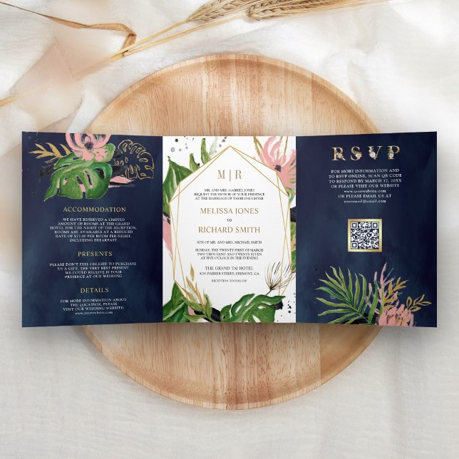 Invitation Trois Volets Mariage Code QR Rose Floral Or Tropical (Créateur téléchargé)