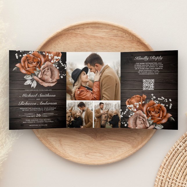 Invitation Trois Volets Mariage Code QR Rose Orange Bois Brûlé Rustique (Créateur téléchargé)