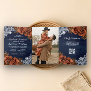 Invitation Trois Volets Mariage Code QR Rose Terracotta Poussiéreuse Bleu