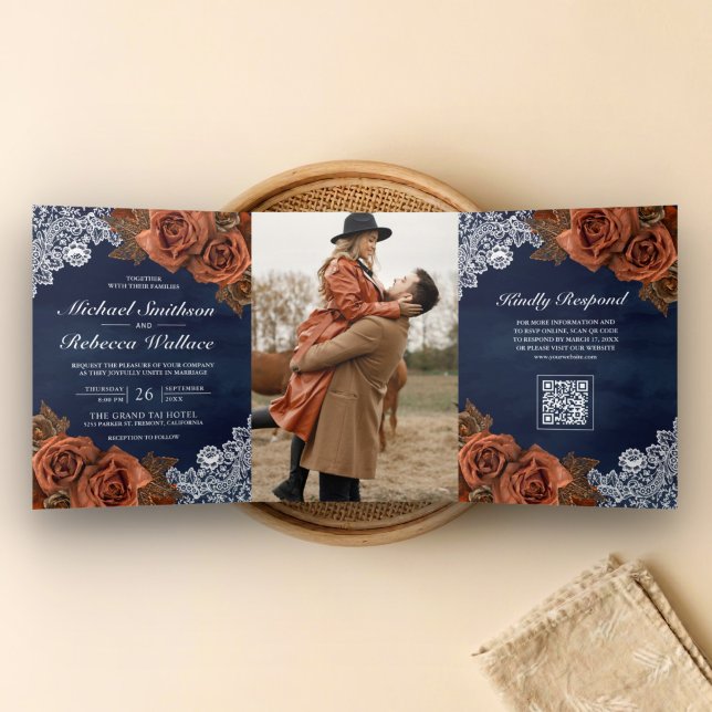 Invitation Trois Volets Mariage Code QR Rose Terracotta Poussiéreuse Bleu  (Créateur téléchargé)