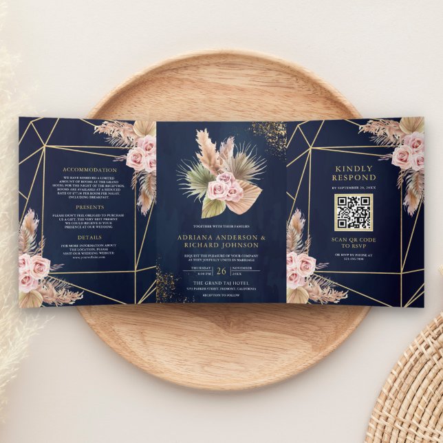 Invitation Trois Volets Mariage Code QR Roses Rose Poussiéreux Bleu Marine (Créateur téléchargé)