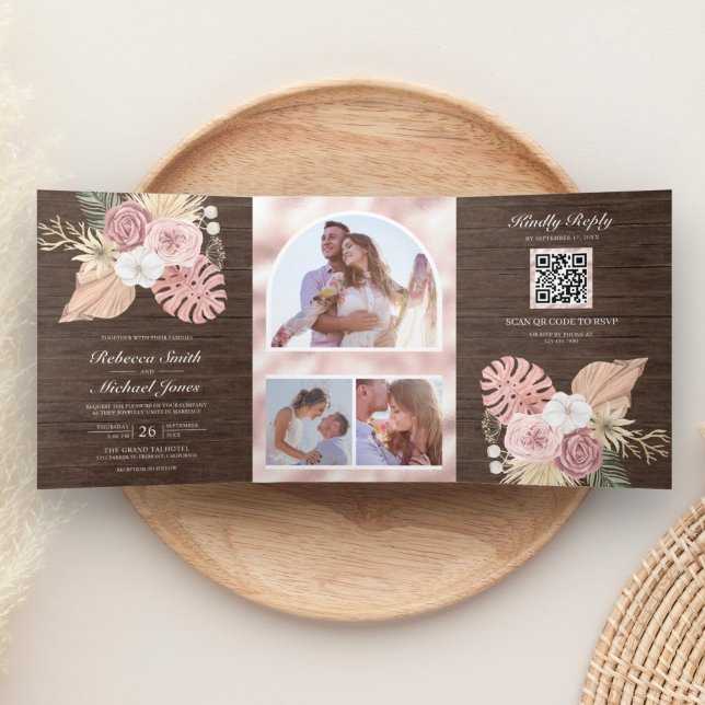 Invitation Trois Volets Mariage Code QR Roses Rose Poussiéreux Bois Rustiq (Créateur téléchargé)