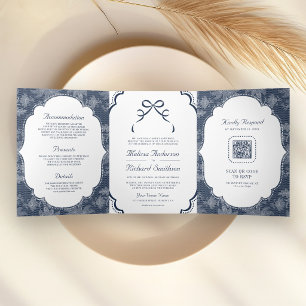 Invitation Trois Volets Mariage Code QR Ruban Coquette Dentelle Blanche Bl