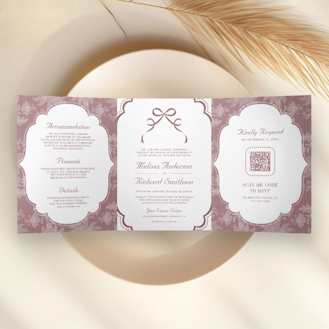 Invitation Trois Volets Mariage Code QR Ruban Coquette Dentelle Blanche Ro (Créateur téléchargé)