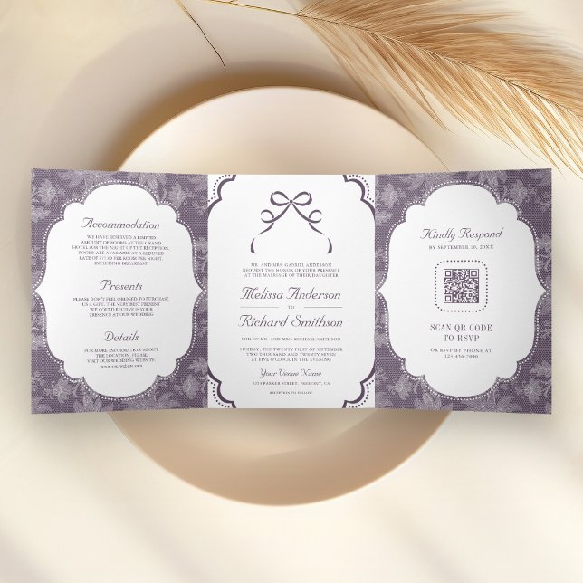 Invitation Trois Volets Mariage Code QR Ruban Coquette Dentelle Blanche Vi (Créateur téléchargé)