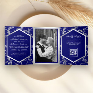 Invitation Trois Volets Mariage Code QR Tourbillon Argent Bleu Royal