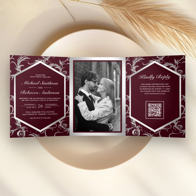 Invitation Trois Volets Mariage Code QR Tourbillon Argenté Bourgogne (Créateur téléchargé)