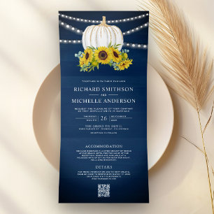 Invitation Trois Volets Mariage Code QR Tournesols Bleu Nuit Citrouille Bl