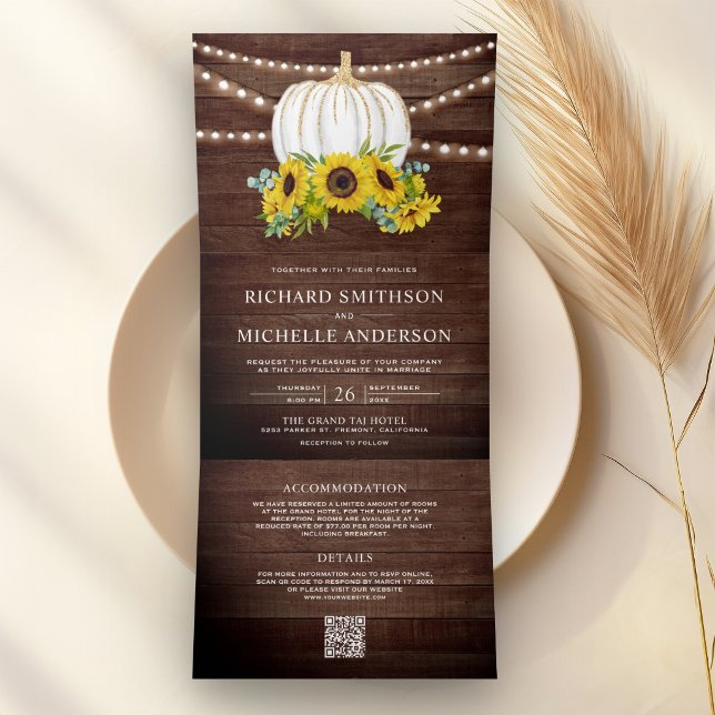 Invitation Trois Volets Mariage Code QR Tournesols Bois de Grange Citrouil (Créateur téléchargé)