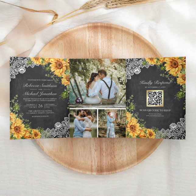 Invitation Trois Volets Mariage Code QR Tournesols Dentelle Tableau Noir R (Créateur téléchargé)