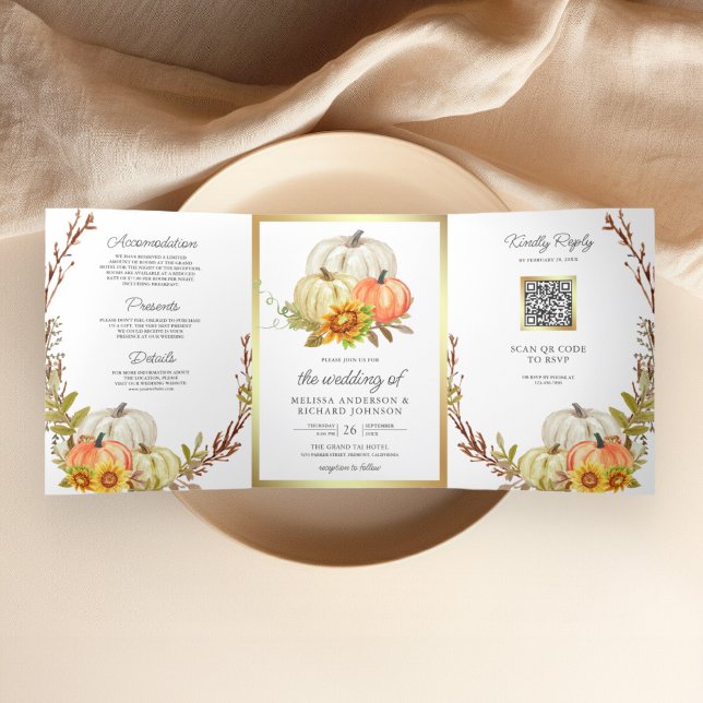 Invitation Trois Volets Mariage Code QR Tournesols Rustiques Citrouille (Créateur téléchargé)