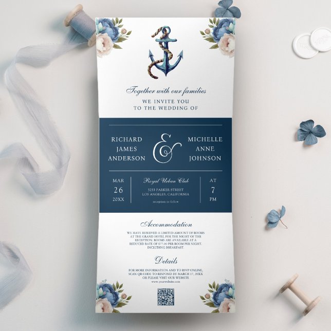 Invitation Trois Volets Mariage code QR tout-en-un à l'ancre florale bleu  (Créateur téléchargé)