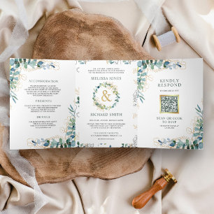 Invitation Trois Volets Mariage Code QR Tout en Un Eucalyptus Or Rustique