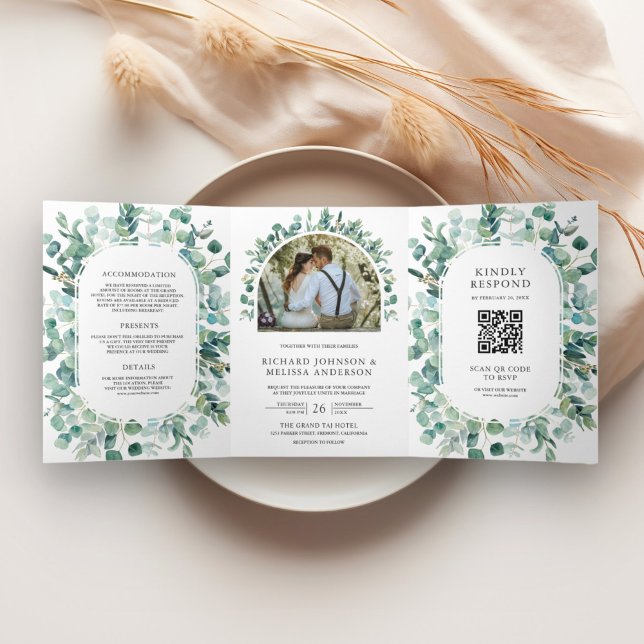Invitation Trois Volets Mariage Code QR Tout en Un Eucalyptus Rustique (Créateur téléchargé)