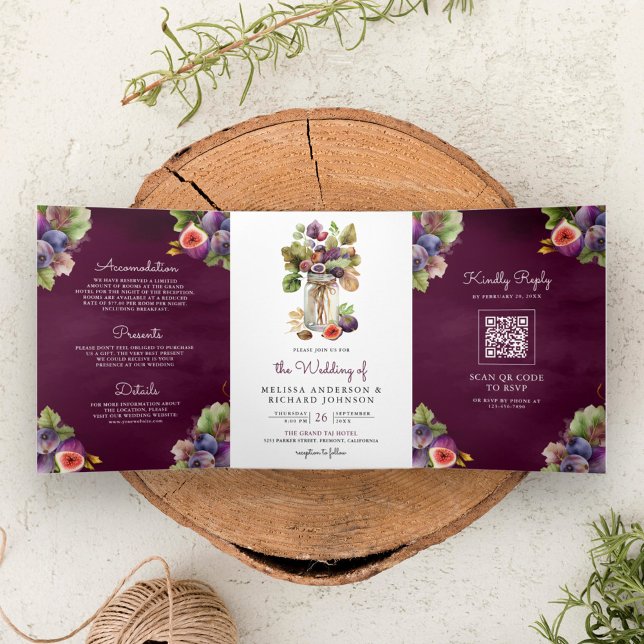 Invitation Trois Volets Mariage code QR tout-en-un Figue Violet Rustique (Créateur téléchargé)