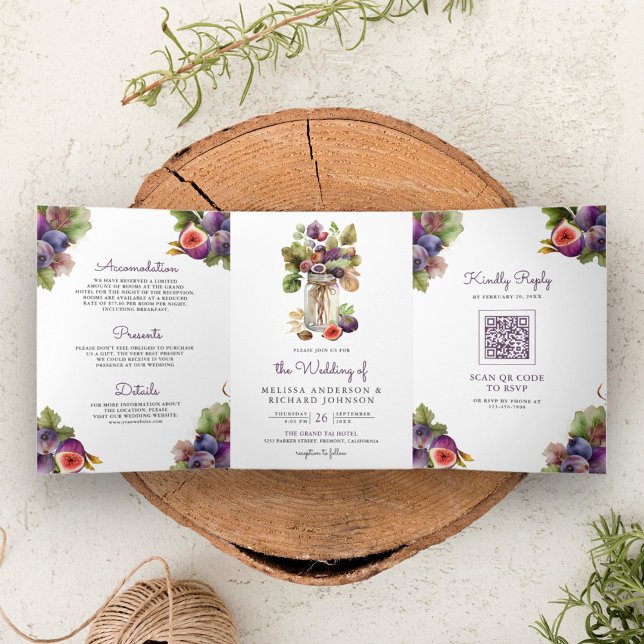 Invitation Trois Volets Mariage code QR tout-en-un Figue Violet Rustique (Créateur téléchargé)