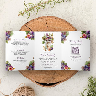 Invitation Trois Volets Mariage code QR tout-en-un Figue Violet Rustique