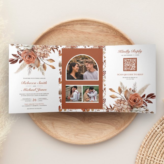 Invitation Trois Volets Mariage Code QR Tout en Un Fleurs en Terracotta (Créateur téléchargé)