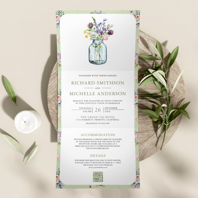 Invitation Trois Volets Mariage Code QR Tout en Un Pot Mason Fleur Sauvage (Créateur téléchargé)