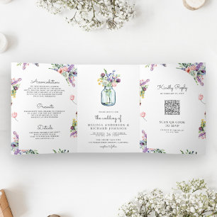 Invitation Trois Volets Mariage Code QR Tout en Un Pot Mason Fleur Sauvage