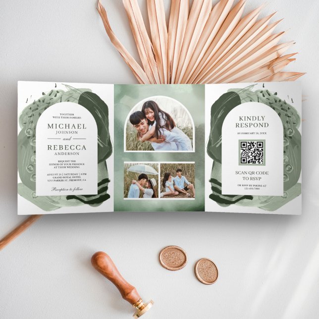 Invitation Trois Volets Mariage Code QR Traits de Pinceau Vert Sage Boho (Créateur téléchargé)